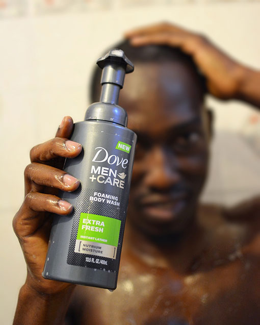 Chris Smith a.k.a. CLS, showering with the Dove Men+Care Foaming Body Wash during the Dove 5 to 9 Morning Routine Campaign.