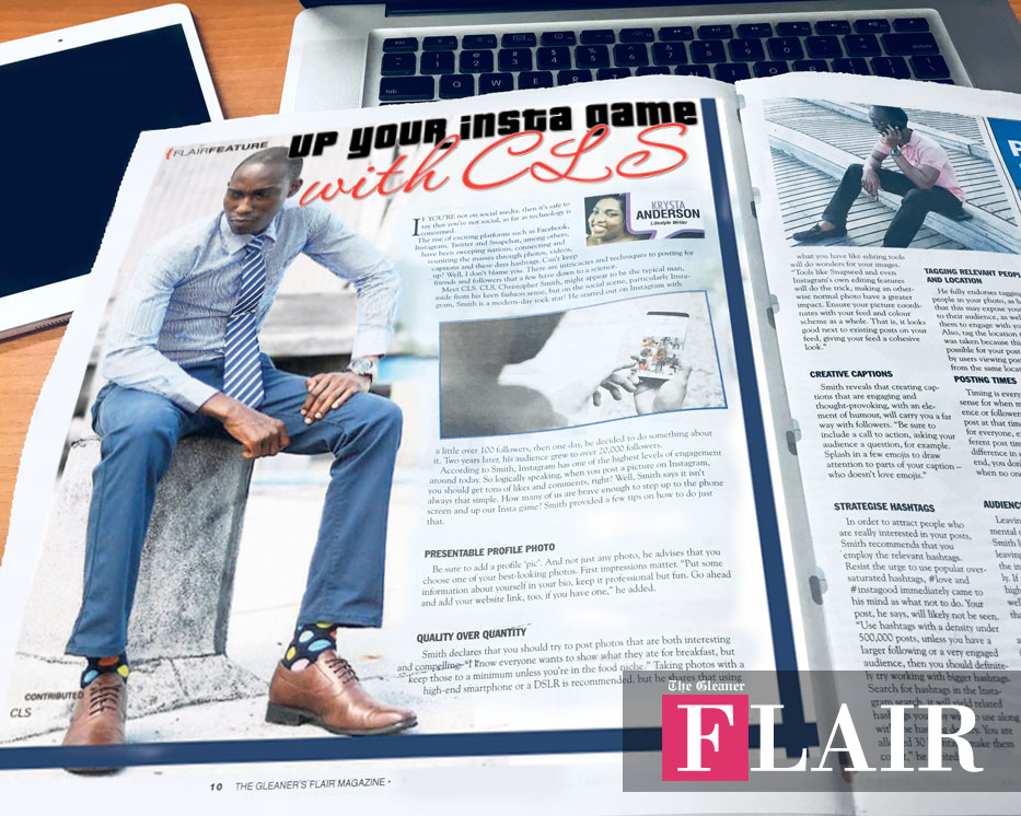 Chris Smith a.k.a. CLS, in the Flair Magazine center spread. Chris is being featured and interviewed by Flair, one of Jamaica's top fashion and Lifestyle publications.