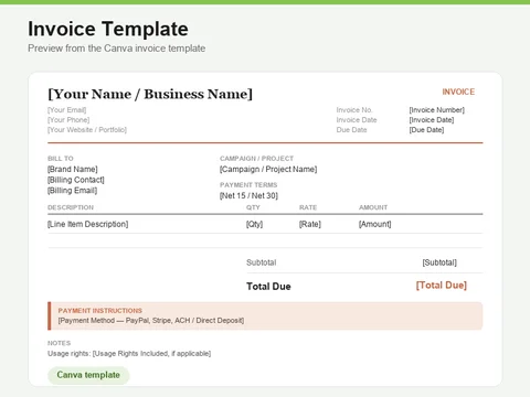 Preview of the Invoice Template.