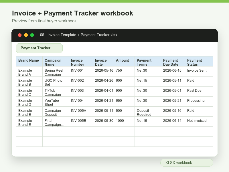 Preview of the Invoice Template and Payment Tracker workbook.